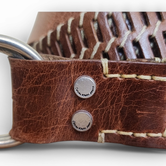 Calvin Klein Genuine Leather Belt Double Ring Buckle Western Brown Size Large - Picture 4 of 13